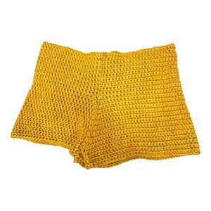 Vintage Knit Handmade Crochet Mustard Yellow Shorts 28" Y2K Boho Hippie Granny